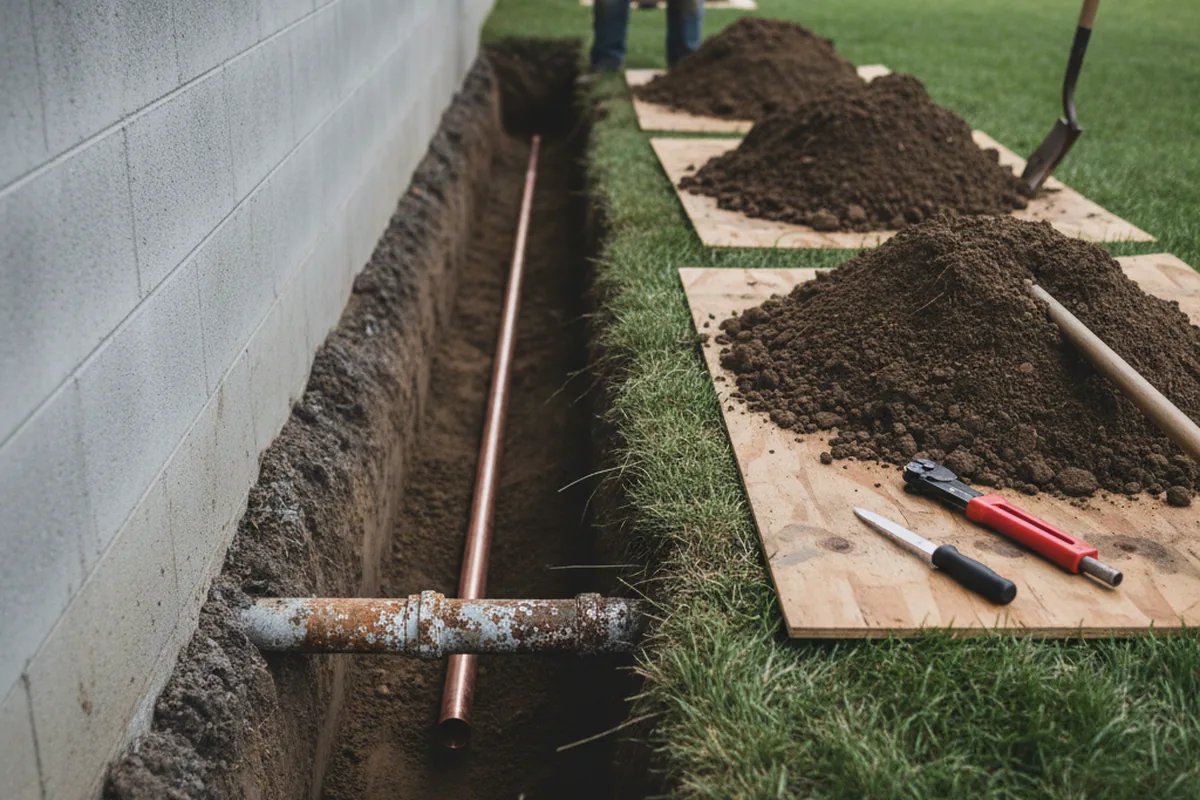 Excavated water line trench during Sewer Line Repair in Melvin